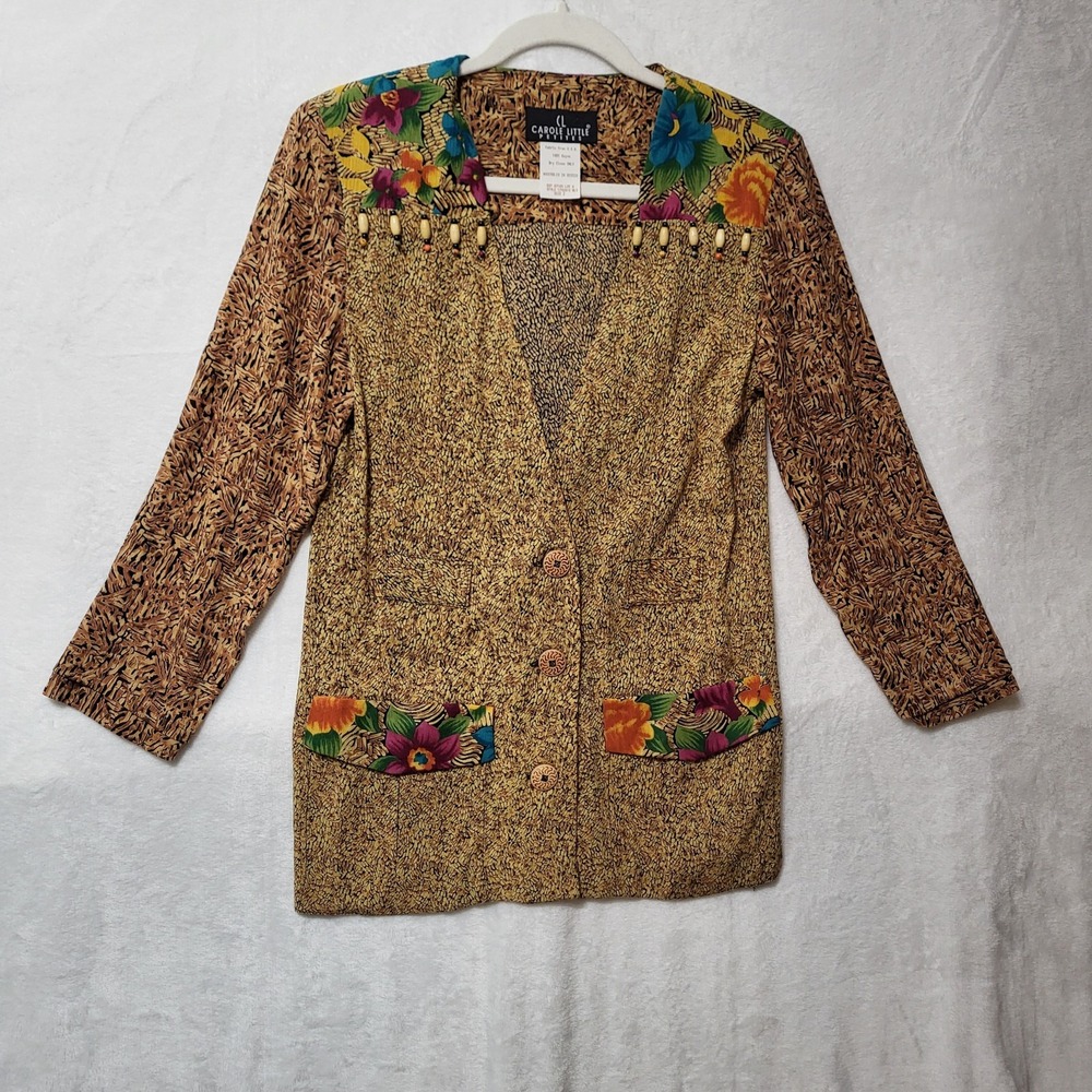 Vintage Carole Little Jacket‎ Womens 2 Brown Floral Beaded Southwestern Boho 90s
